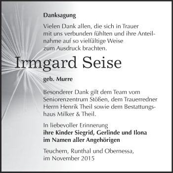 Traueranzeige von Irmgrad Seise von WVG - Wochenspiegel NMB / WSF / ZTZ