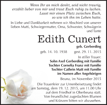 Traueranzeige von Edith Cunert von Mitteldeutsche Zeitung Merseburg/Querfurt