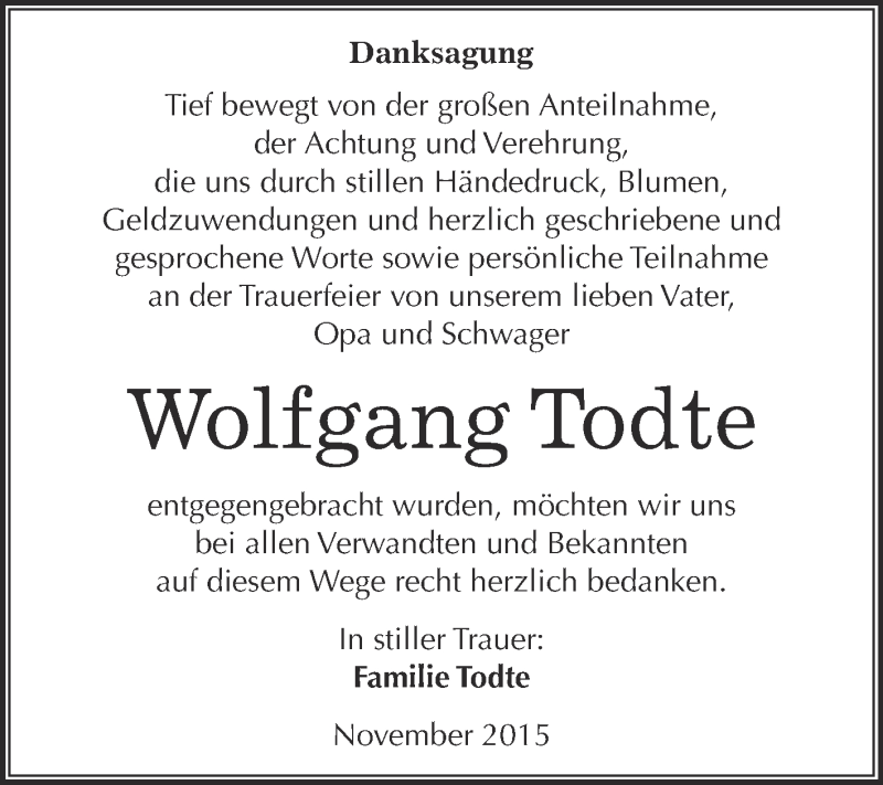  Traueranzeige für Wolfgang Todte vom 02.12.2015 aus WVG - Wochenspiegel NMB / WSF / ZTZ