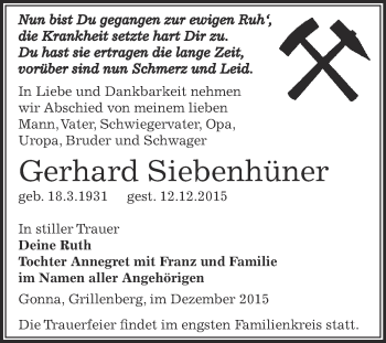 Traueranzeige von Gerhard Siebenhüner von Super Sonntag SGH Mansf. Land