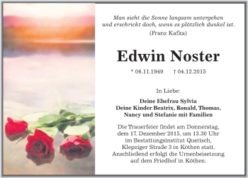 Traueranzeige von Edwin Noster von Mitteldeutsche Zeitung Köthen