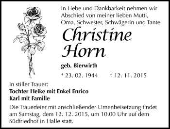Traueranzeige von Christine Horn von Mitteldeutsche Zeitung Halle/Saalkreis