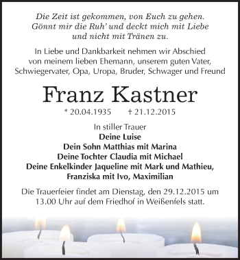 Traueranzeige von Franz Kastner von Mitteldeutsche Zeitung Weißenfels