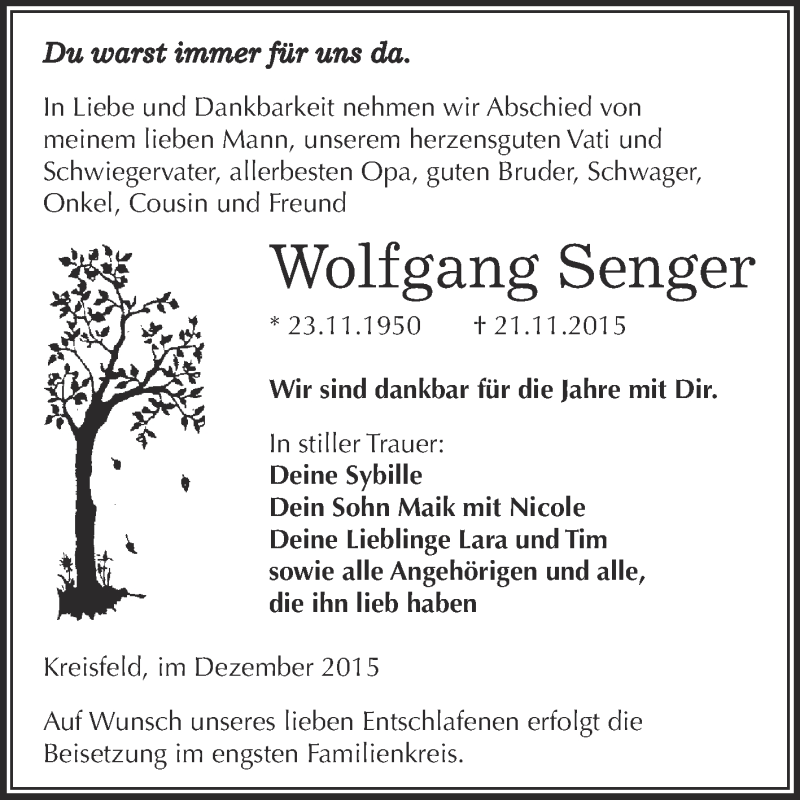  Traueranzeige für Wolfgang Senger vom 02.12.2015 aus Wochenspiegel Mansfelder Land