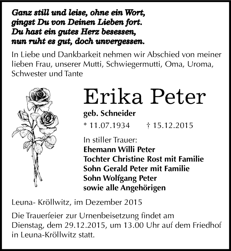  Traueranzeige für Erika Peter vom 19.12.2015 aus Mitteldeutsche Zeitung Merseburg/Querfurt