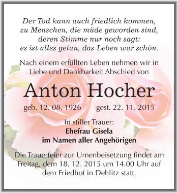 Traueranzeige von Anton Hocher von Mitteldeutsche Zeitung Weißenfels