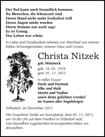 Traueranzeige von Christa Nitzek von Mitteldeutsche Zeitung Naumburg/Nebra