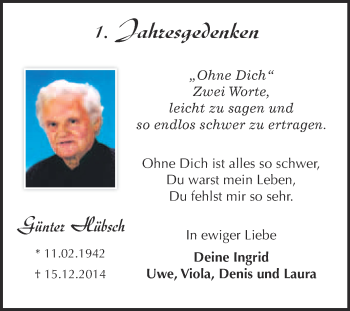 Traueranzeige von Günter Hübsch von Super Sonntag Wittenberg