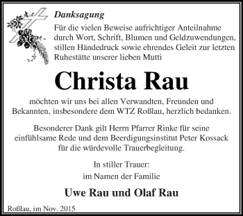 Traueranzeige von Christa Rau von WVG - Wochenspiegel Dessau / Köthen