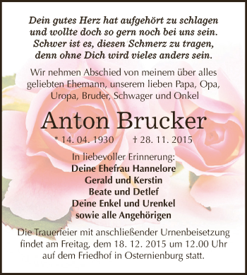 Traueranzeige von Anton Brucker von WVG - Wochenspiegel Dessau / Köthen