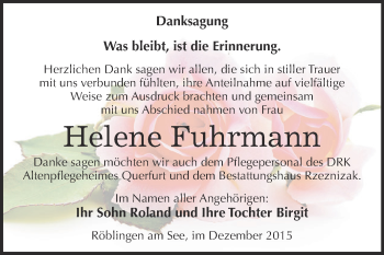 Traueranzeige von Helene Fuhrmann von Wochenspiegel Mansfelder Land