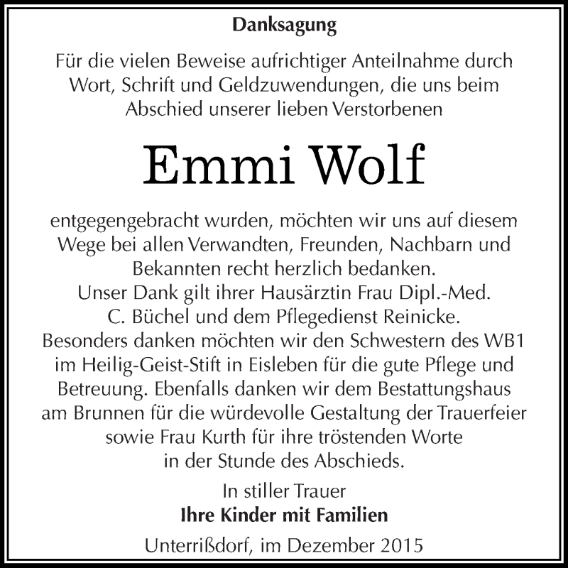  Traueranzeige für Emmi Wolf vom 30.12.2015 aus Wochenspiegel Mansfelder Land