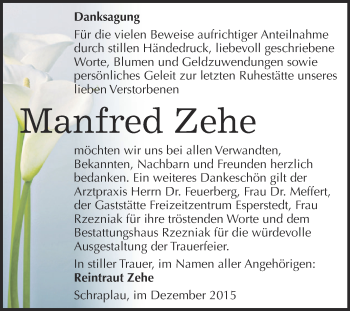 Traueranzeige von Manfred Zehe von Super Sonntag SGH Mansf. Land