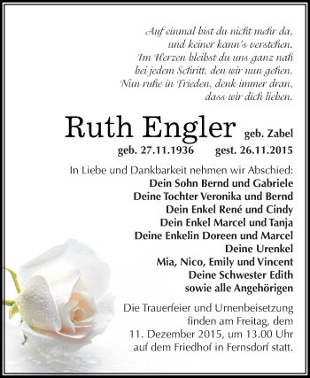 Traueranzeige von Ruth Engler von WVG - Wochenspiegel Dessau / Köthen