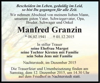Traueranzeige von Manfred Granzin von Super Sonntag Aschersleben