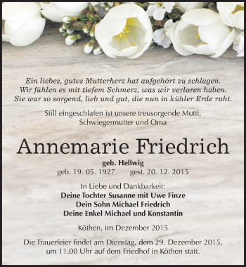 Traueranzeige von Annemarie Friedrich von Mitteldeutsche Zeitung Köthen