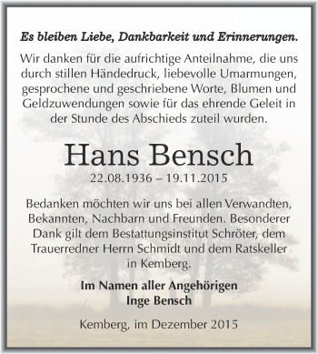 Traueranzeige von Hans Bensch von Super Sonntag Wittenberg