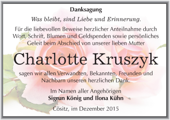Traueranzeige von Charlotte Kruszyk von Mitteldeutsche Zeitung Bitterfeld