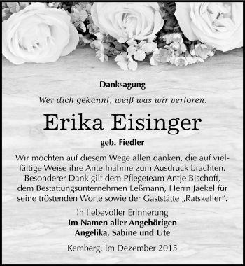 Traueranzeige von Erika Eisinger von Mitteldeutsche Zeitung Wittenberg