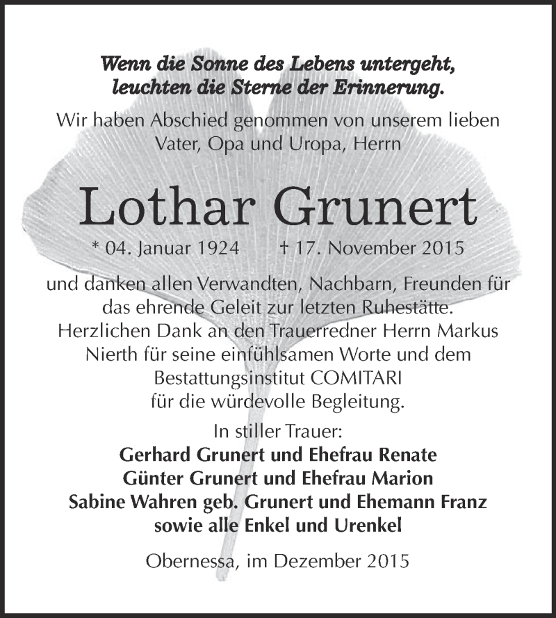  Traueranzeige für Lothar Grunert vom 30.12.2015 aus WVG - Wochenspiegel NMB / WSF / ZTZ