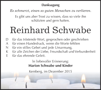 Traueranzeige von Reinhard Schwabe von WVG - Wochenspiegel Wittenberg
