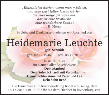 Traueranzeige von Heidemarie Leuchte von Mitteldeutsche Zeitung Halle/Saalkreis