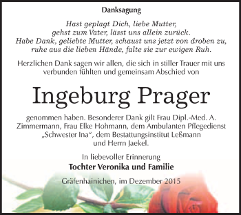 Traueranzeige von Ingeburg Prager von WVG - Wochenspiegel Wittenberg