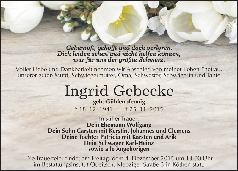  Traueranzeige für Ingrid Gebecke vom 01.12.2015 aus Mitteldeutsche Zeitung Köthen
