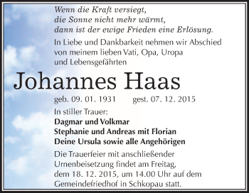 Traueranzeige von Johannes Haas von WVG - Wochenspiegel Merseburg