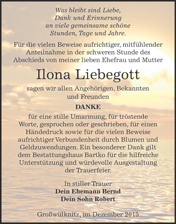 Traueranzeige von Ilona Liebegott von WVG - Wochenspiegel Dessau / Köthen