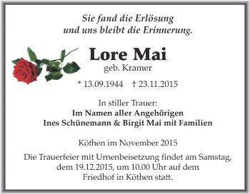 Traueranzeige von Lore Mai von WVG - Wochenspiegel Dessau / Köthen