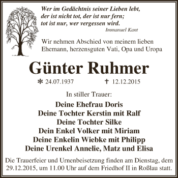 Traueranzeige von Günter Ruhmer von WVG - Wochenspiegel Dessau / Köthen