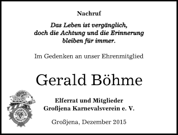 Traueranzeige von Gerald Böhme von Mitteldeutsche Zeitung Naumburg/Nebra