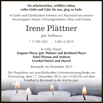 Traueranzeige von Irene Plättner von Super Sonntag Aschersleben