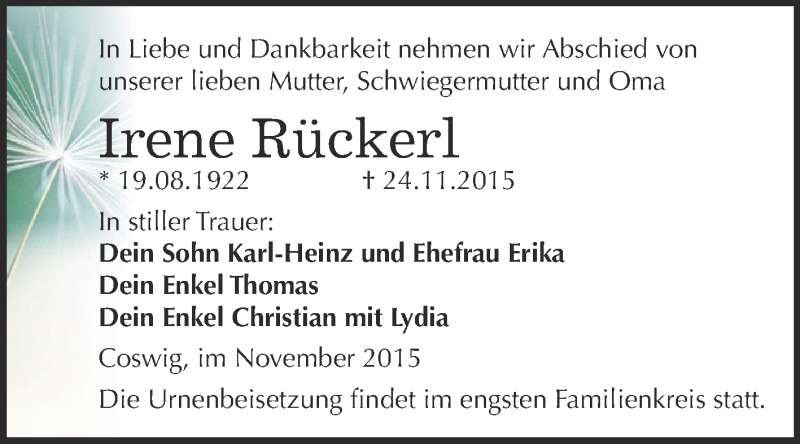  Traueranzeige für Irene Rückerl vom 05.12.2015 aus WVG - Wochenspiegel Dessau / Köthen