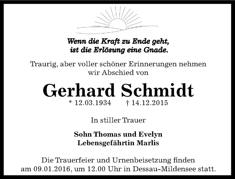  Traueranzeige für Gerhard Schmidt vom 19.12.2015 aus Mitteldeutsche Zeitung Dessau-Roßlau