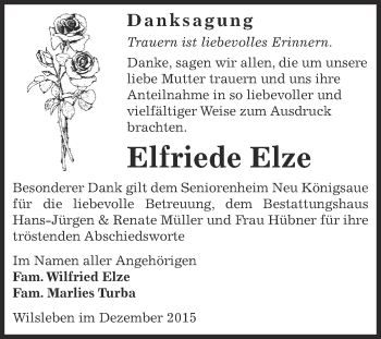 Traueranzeige von Elfriede Elze von Super Sonntag Aschersleben