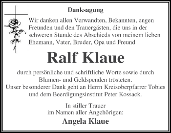 Traueranzeige von Ralf Klaue von WVG - Wochenspiegel Dessau / Köthen