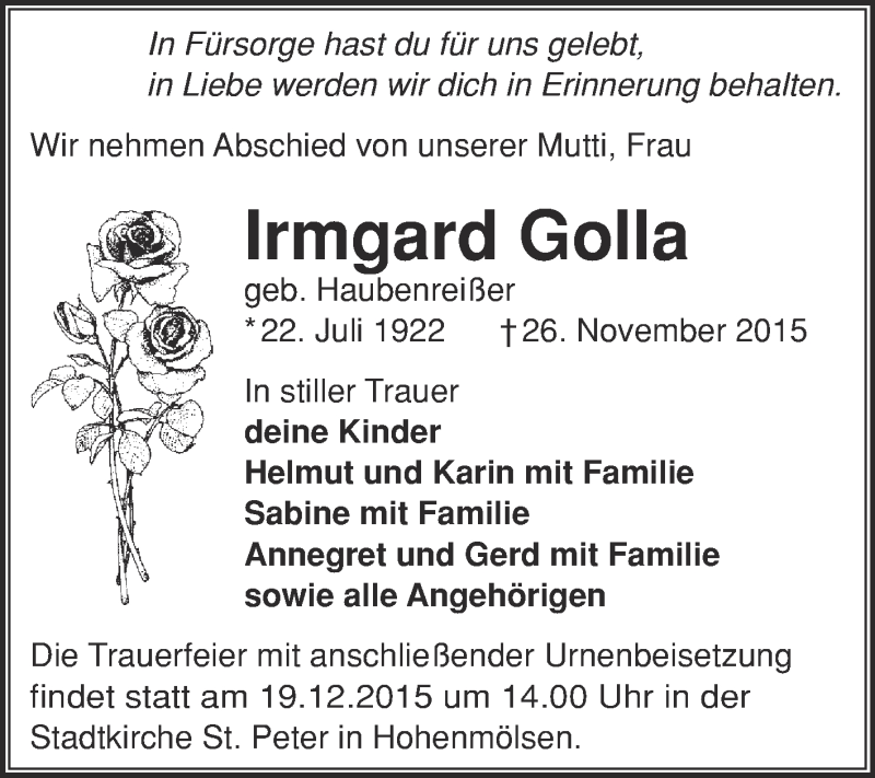  Traueranzeige für Irmgard Golla vom 09.12.2015 aus WVG - Wochenspiegel NMB / WSF / ZTZ