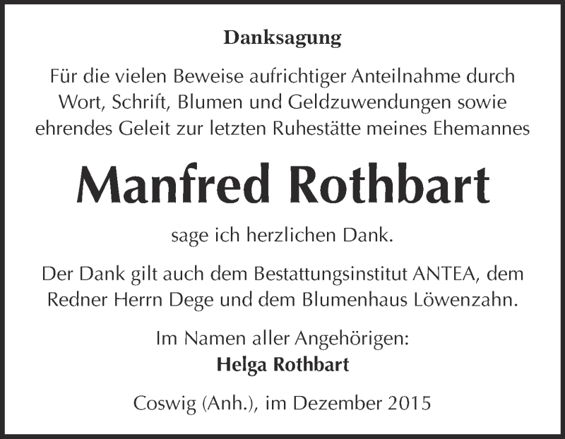  Traueranzeige für Manfred Rothbart vom 19.12.2015 aus Super Sonntag Wittenberg