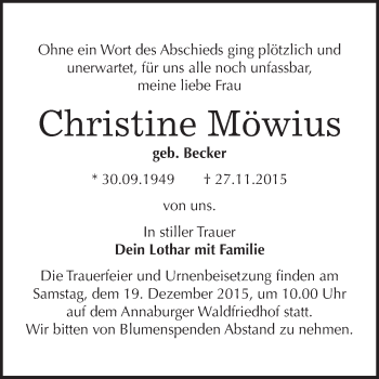 Traueranzeige von Christine Möwius von WVG - Wochenspiegel Wittenberg