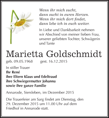 Traueranzeige von Marietta Goldschmidt von Mitteldeutsche Zeitung Mansfelder Land