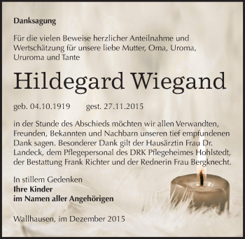 Traueranzeige von Hildegard Wiegand von Mitteldeutsche Zeitung Sangerhausen