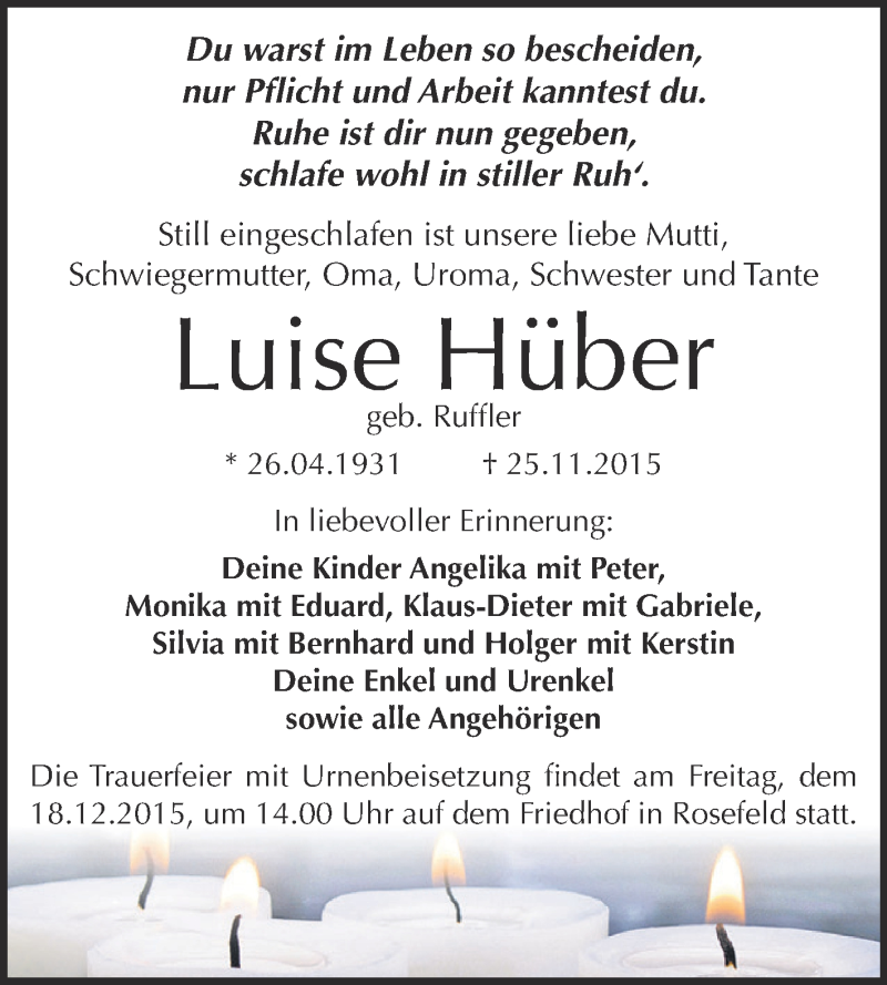  Traueranzeige für Luise Hüber vom 05.12.2015 aus WVG - Wochenspiegel Dessau / Köthen