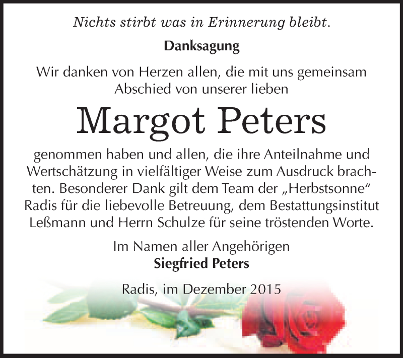  Traueranzeige für Margot Peters vom 12.12.2015 aus WVG - Wochenspiegel Wittenberg