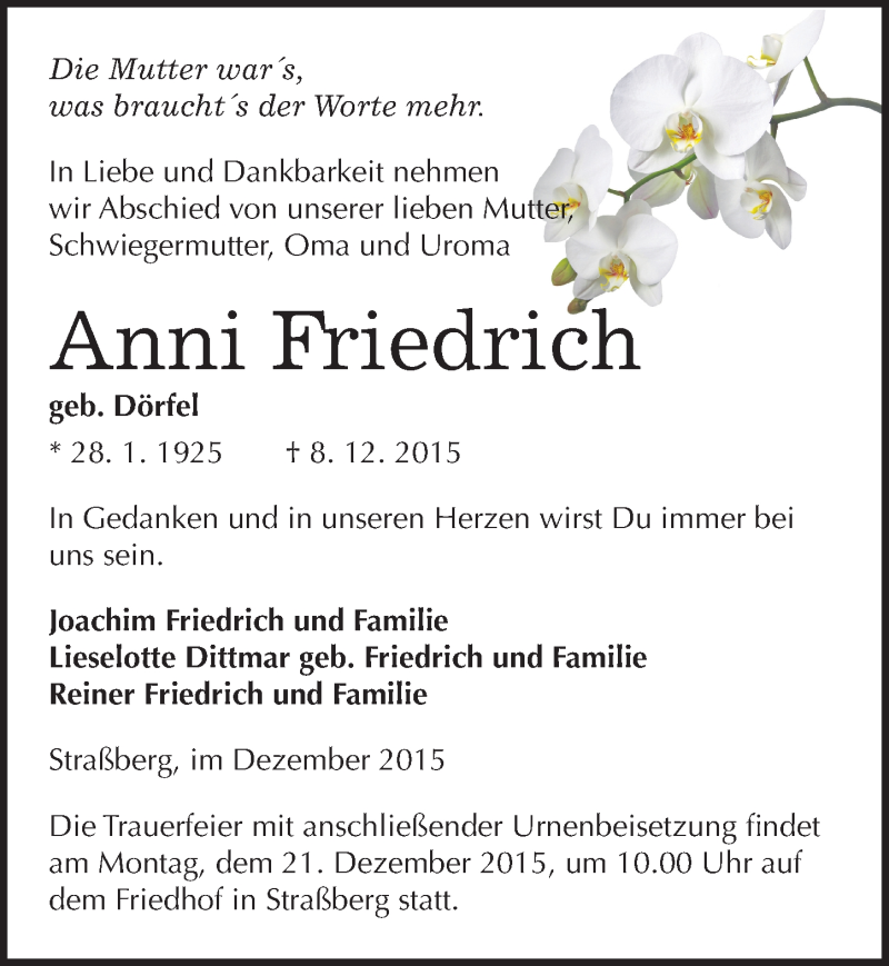  Traueranzeige für Anni Friedrich vom 15.12.2015 aus Mitteldeutsche Zeitung Quedlinburg