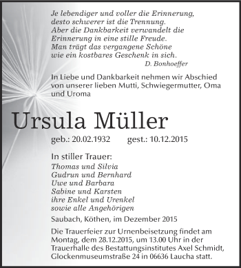 Traueranzeige von Ursula Müller von WVG - Wochenspiegel NMB / WSF / ZTZ
