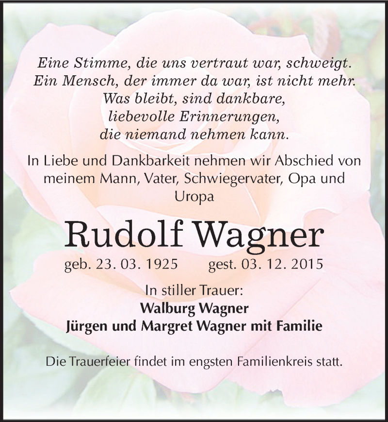  Traueranzeige für Rudolf Wagner vom 10.12.2015 aus Mitteldeutsche Zeitung Zeitz