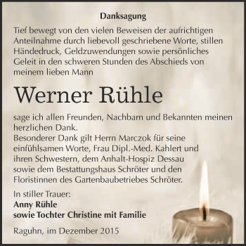 Traueranzeige von Werner Rühle von WVG - Wochenspiegel Bitterfeld