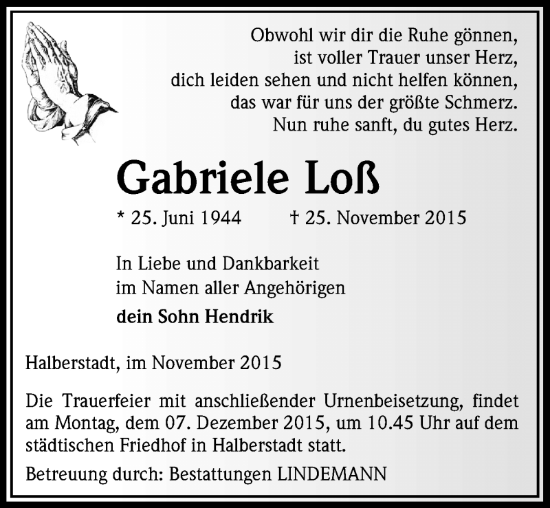  Traueranzeige für Gabriele Loß vom 02.12.2015 aus Mitteldeutsche Zeitung Quedlinburg